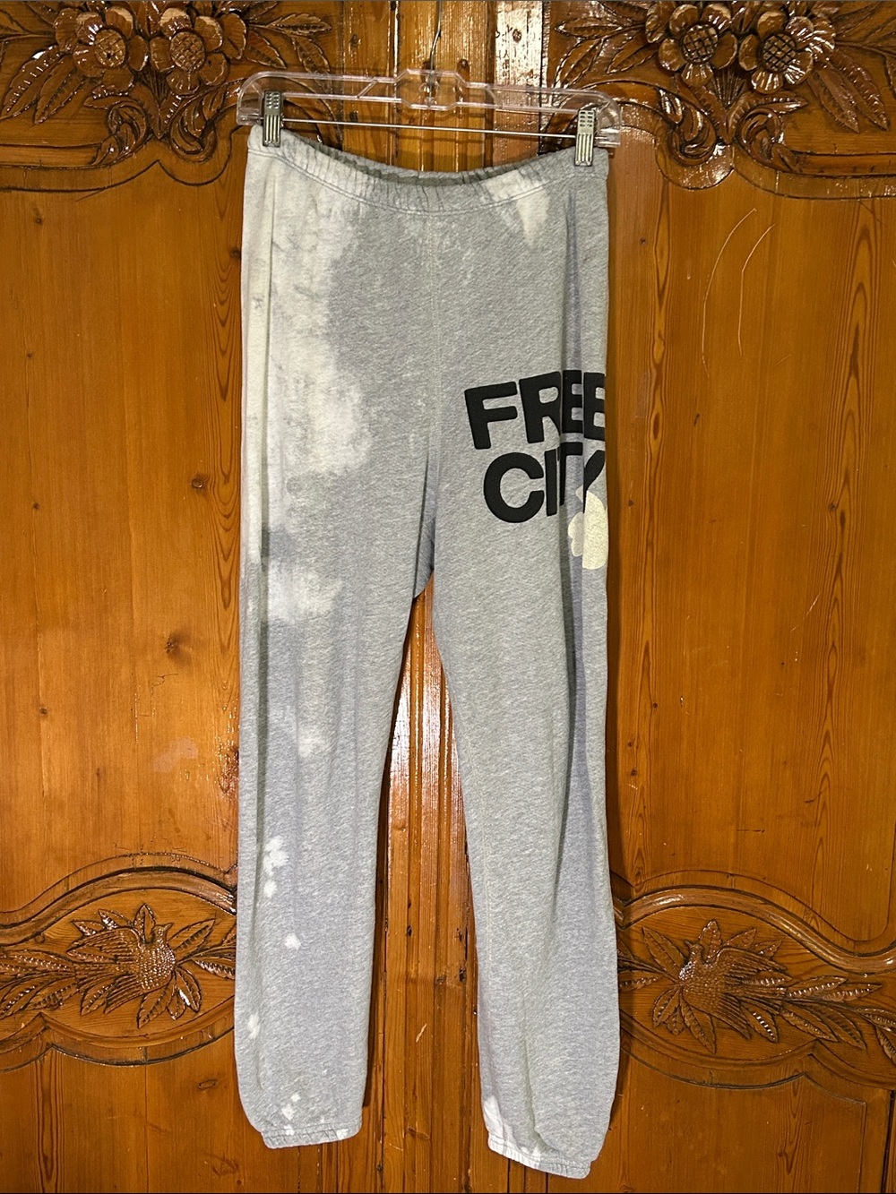 FREECITY Gray Swestpants with Intentional White TieDye Detail. Black Graphic